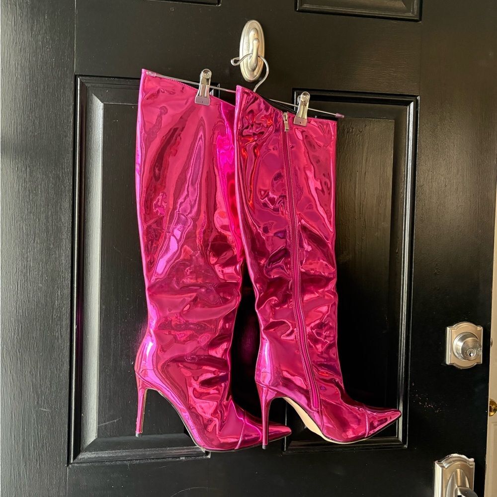 Metallic Pink Patent Leather Tall Stiletto Boots Size 9.5 - Picture 4 of 15
